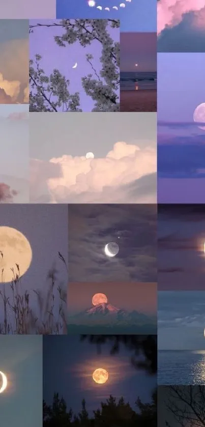 Collage of moons and clouds in pastel purple hues.