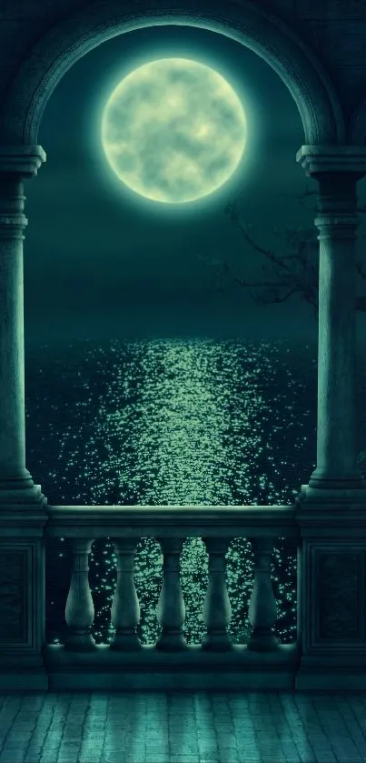 Moonlit balcony with ocean view at night and a full moon.