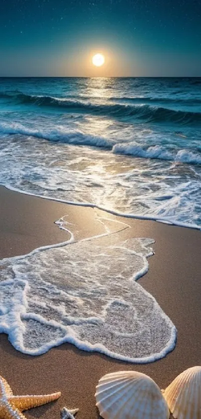 Moonlit beach scene with waves and seashells.