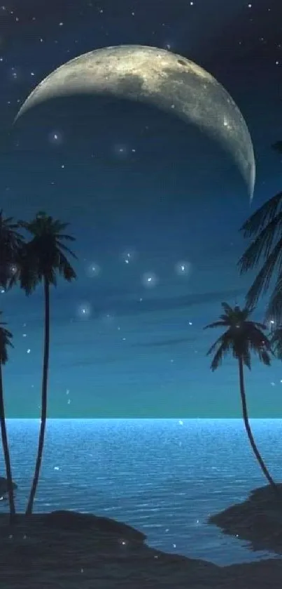 Moonlit beach scene with palm trees under a starry sky.