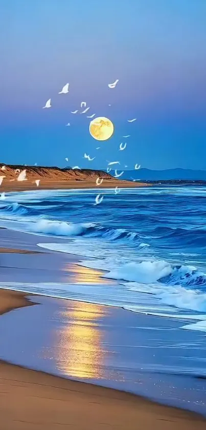 Moonlit beach with waves and birds at dusk.