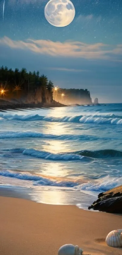 Moonlit beach with waves and starry sky.