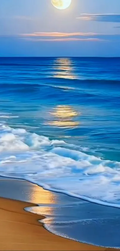 Moonlit beach with gentle waves at night.