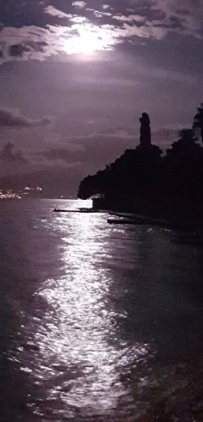 Moonlit beach with dark sky and calm waters reflecting the moonlight.