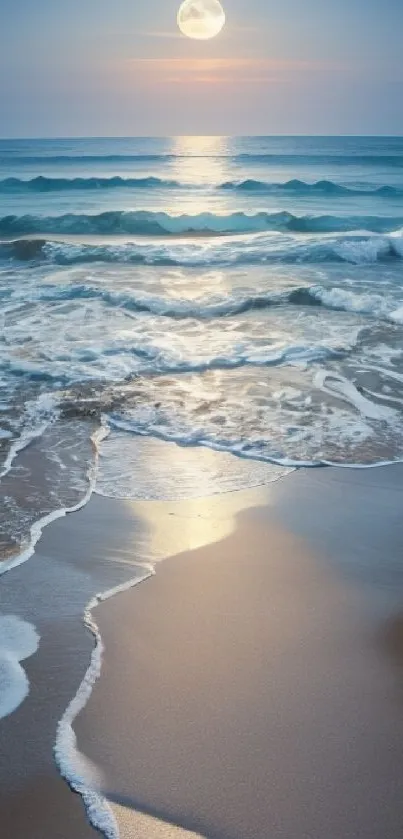 Moonlit beach at night with calm waves and glowing horizon.