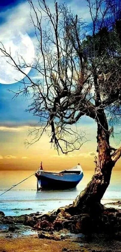 Moonlit boat by a tree on a tranquil shore.