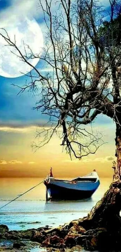 Serene moonlit boat with tree silhouette on calm waters.