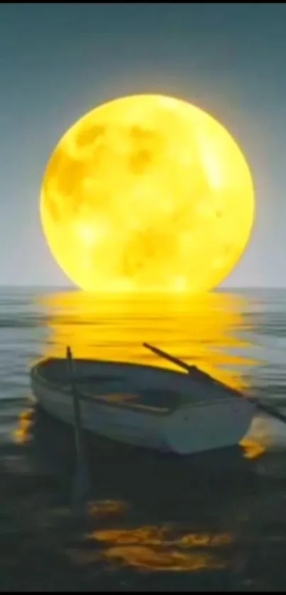 Moonlit boat under a glowing full moon on calm waters.