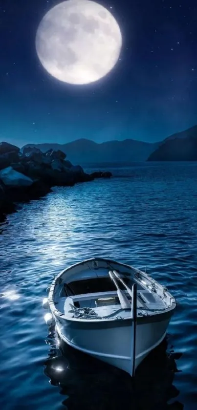 A serene boat floats under a full moon on calm, dark blue waters.