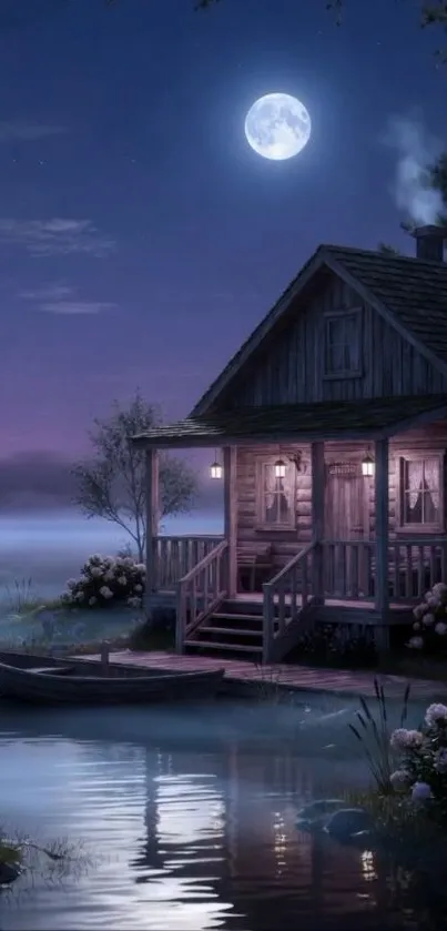 Rustic cabin by moonlit lake at night.