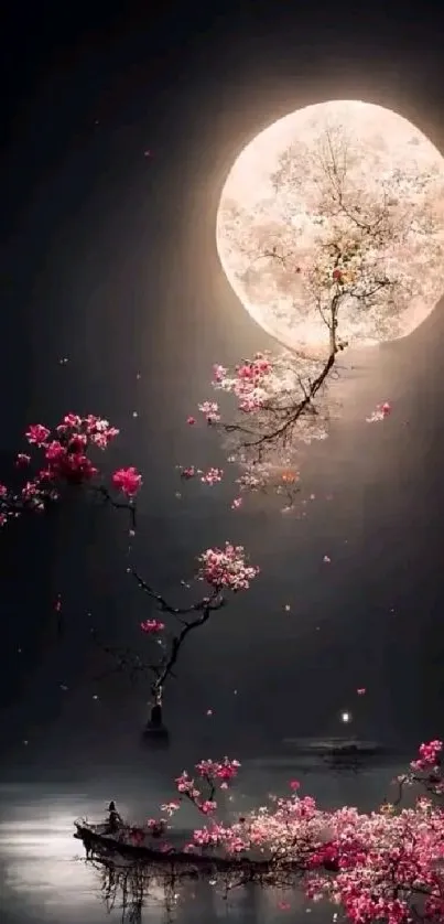 Cherry blossom silhouetted against a full moon in a serene night scene.