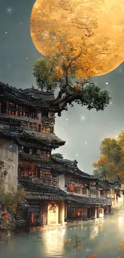 Chinese village under a golden moon with autumn hues reflected in water.