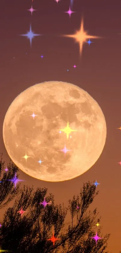 Full moon over dark silhouette branches against purple and orange sky.