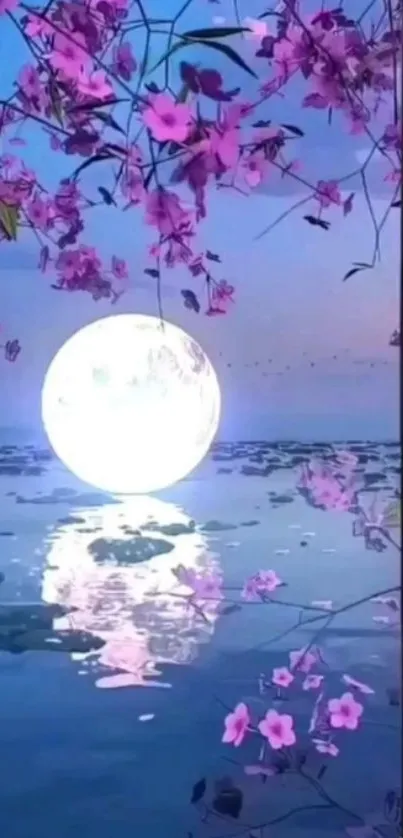 Full moon reflection with pink flowers over a serene lake.