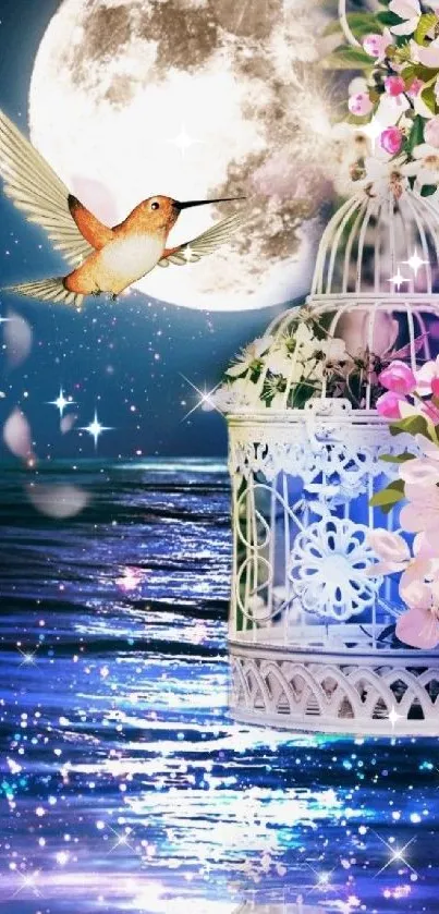 A hummingbird by floral cage with moonlit ocean.