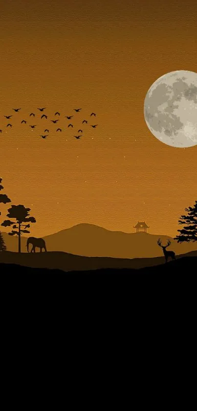 Moonlit forest with deer and birds silhouetted against distant mountains.