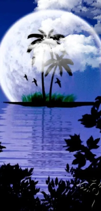 Moonlit island with palm trees and calm water reflection.