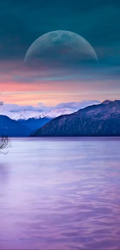 Mobile wallpaper of a moonlit lake with mountains at twilight.