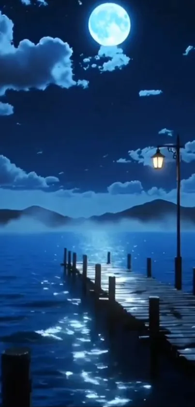 Moonlit lake with wooden pier and glowing lamp under a starry night sky.