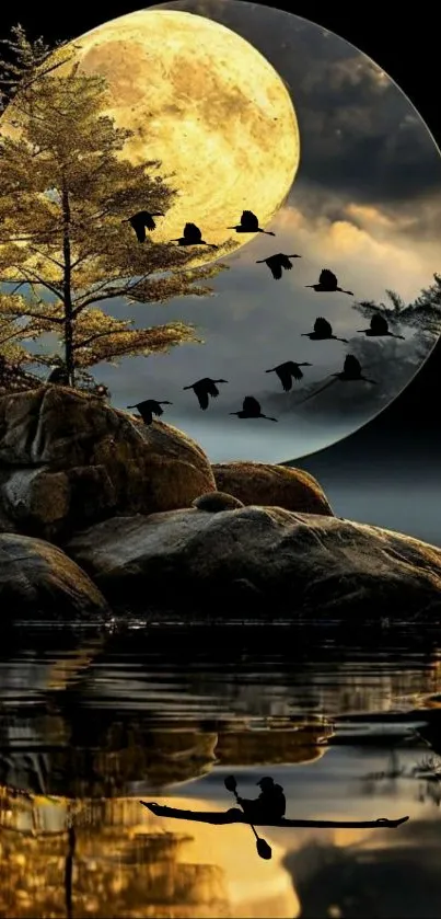 Serene moonlit lake with tree and birds reflection.