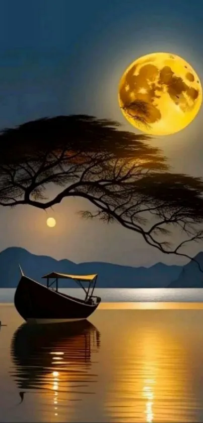 Serene moonlit lake with boat reflection.