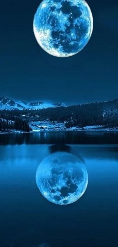 Blue moon reflecting on a serene lake at night.