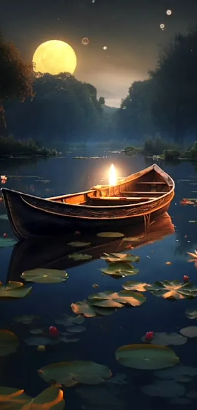 Tranquil moonlit lake with boat and lilies at night.