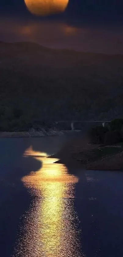 Moonlit lake scene with tranquil reflections in a dark natural setting.