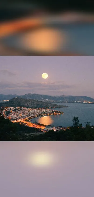 Moonlit landscape over a tranquil lakeside town.