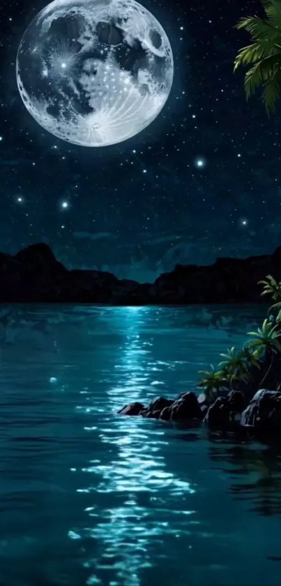 Moonlit lake wallpaper with reflective water.
