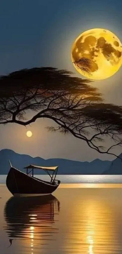 Boat under a full moon on a serene lake with a silhouetted tree.