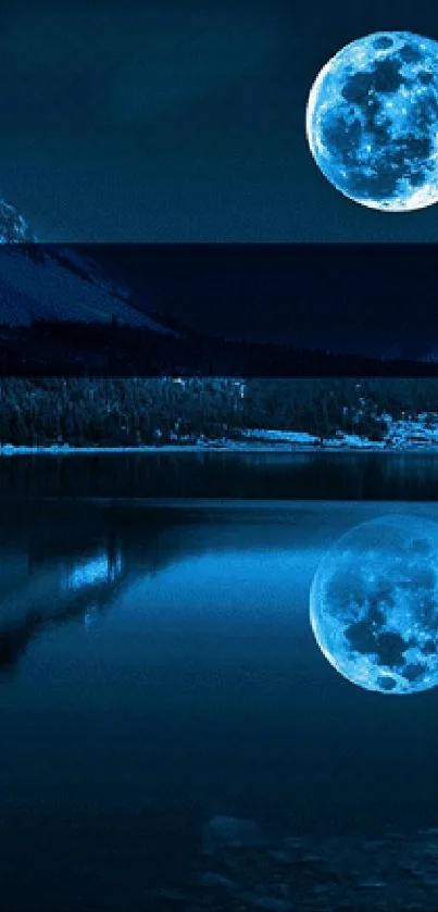 Moonlit lake with serene reflections under a dark blue sky.