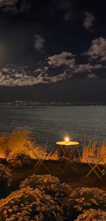 Moonlit lake view with glowing full moon and serene night ambiance.