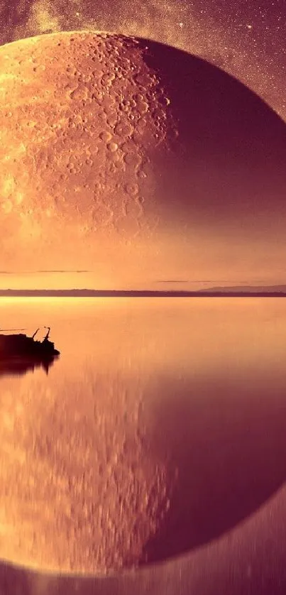 A sailboat and tree reflecting in moonlit water at sunset.