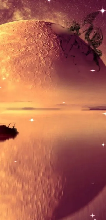 Moonlit landscape with glowing moon over calm waters and stars.