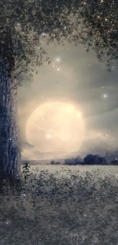 Moonlit landscape with tree and full moon glowing in night sky.