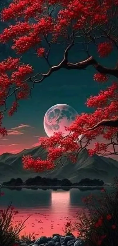 Serene landscape with red tree and moonlit lake.