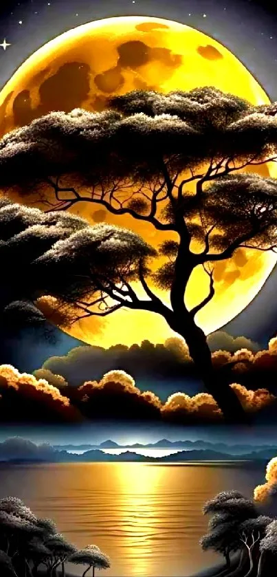 Silhouetted tree against a large full moon in a scenic night landscape.