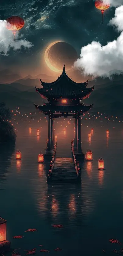 Tranquil night scene with pagoda and lanterns under a crescent moon.