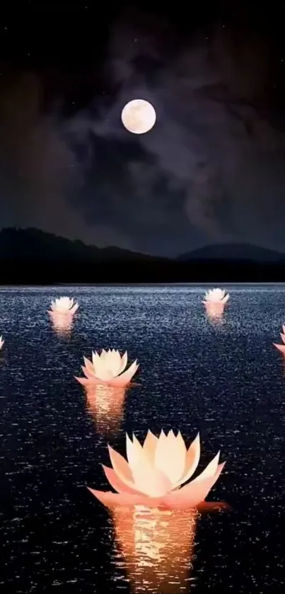 Moonlit lake with glowing lotus flowers reflecting calmness.