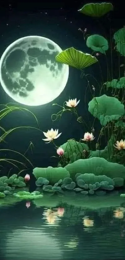 Moonlit lake with lotus flowers and dark green leaves.