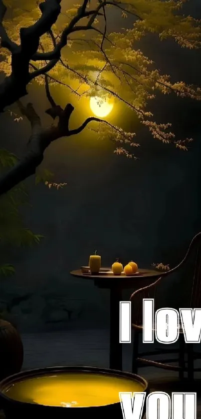 Moonlit love scene with candles and tree silhouette at night.