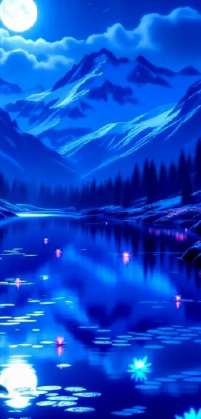 Moonlit mountain lake with serene reflections and starry night sky.