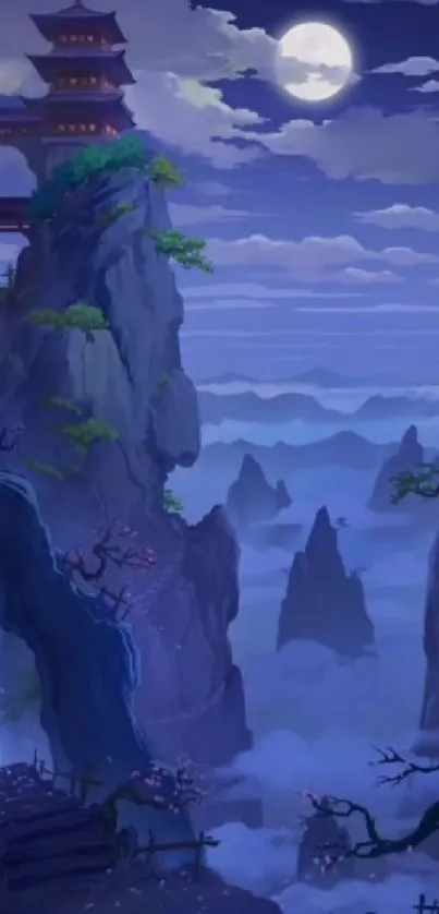 Mystical mountain scene under a full moon with serene, misty atmosphere.