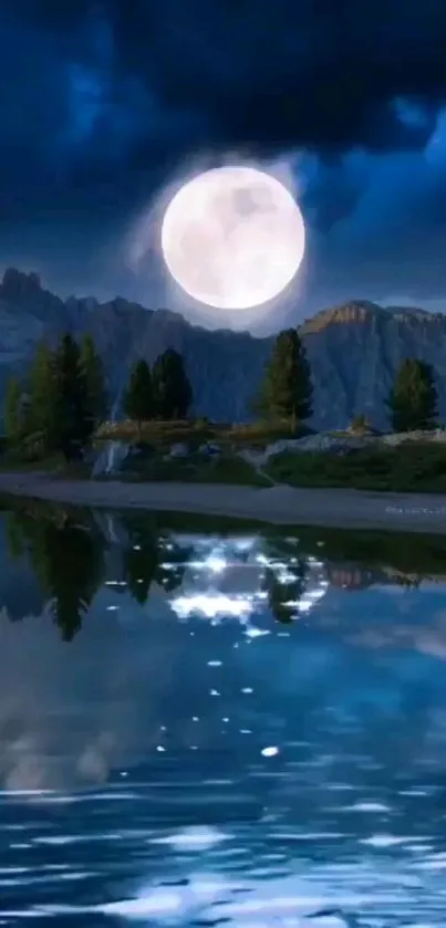 Serene night wallpaper with moonlit mountain reflection.