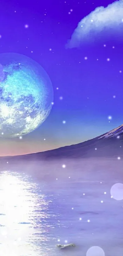 Moonlit mountain scene with a serene water reflection