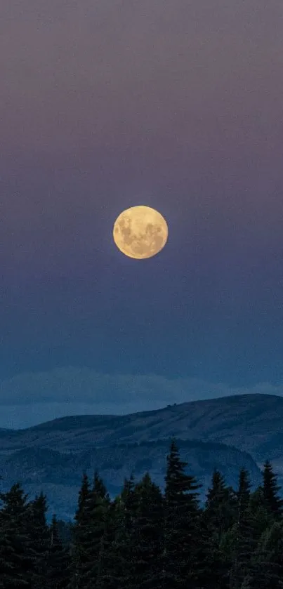 Full moon over mountains with twilight sky and silhouettes of trees.