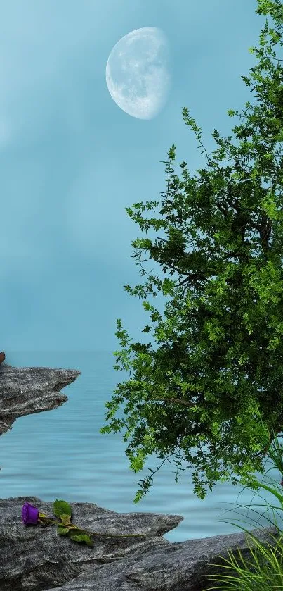 Moonlit landscape with greenery and cliffs on a tranquil blue sky backdrop.