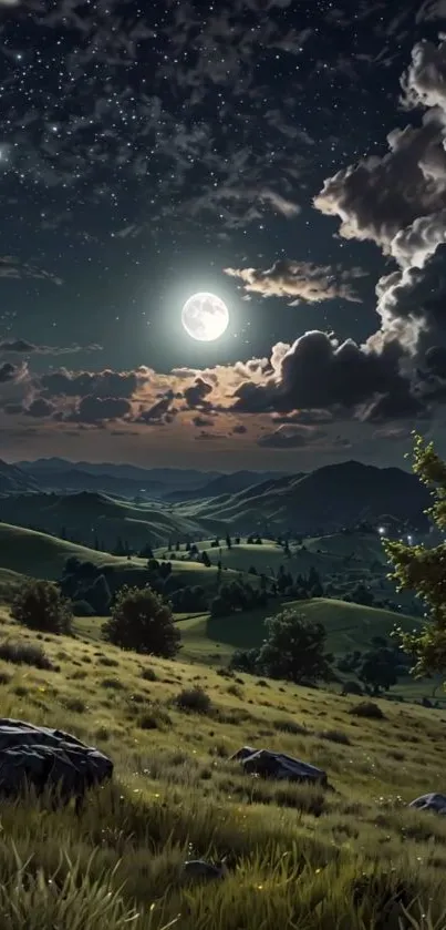 Moonlit landscape under a starry sky with rolling hills.