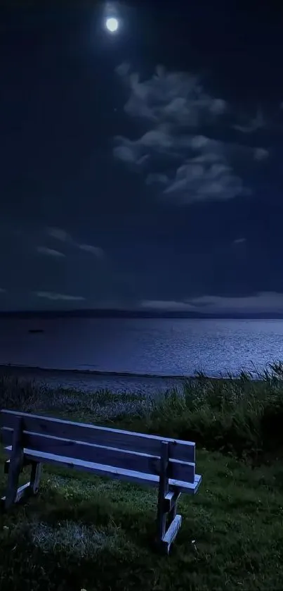 A serene moonlit night over a calm sea with a bench in the foreground.